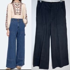 Sea New York‎ Zoe Wide Leg Cargo Pants Black Twill Cotton Patch Front Sz 8
